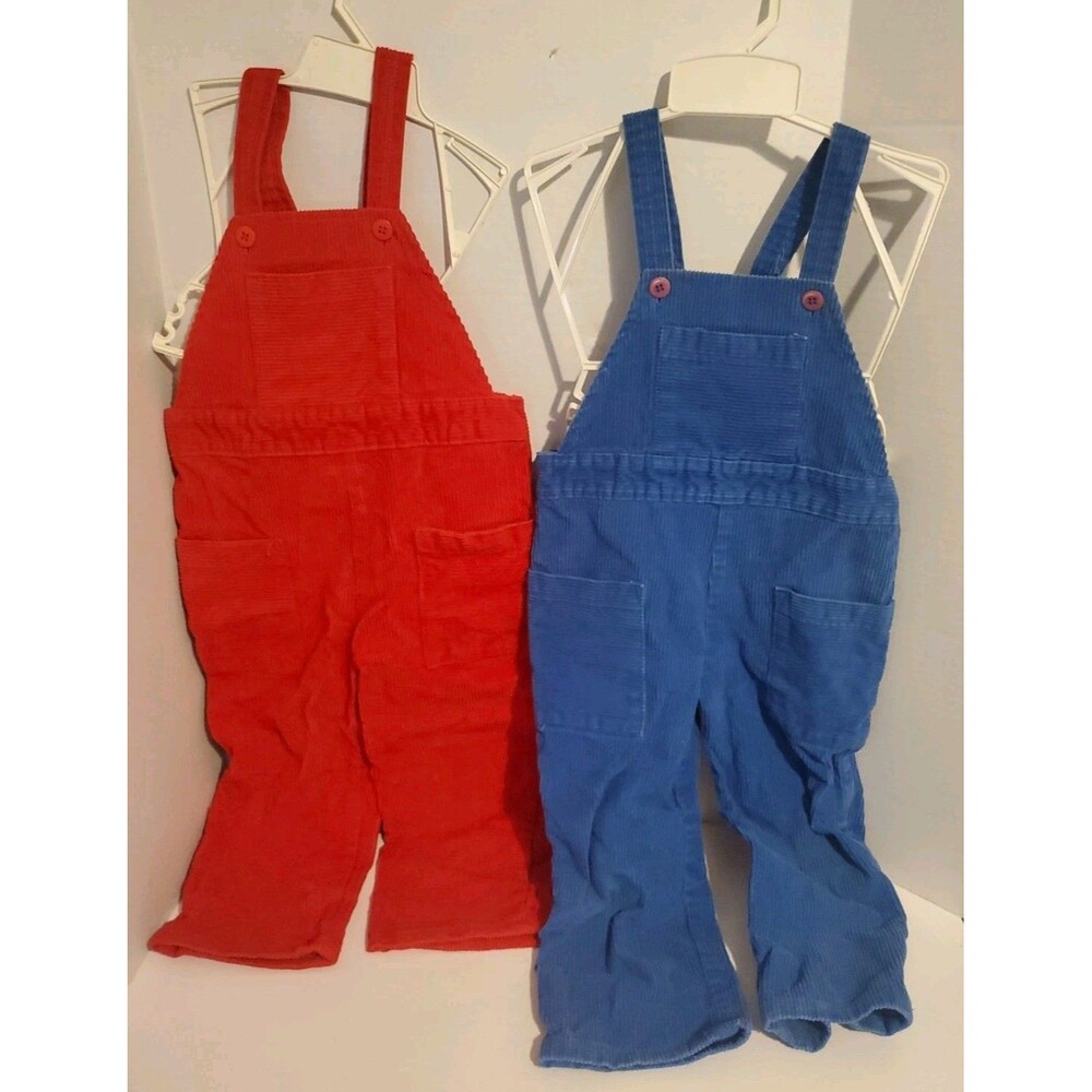 Vintage Blue & Red Jet Set Kids Toddler Boys 4T Corduroy Denim Overalls Pockets